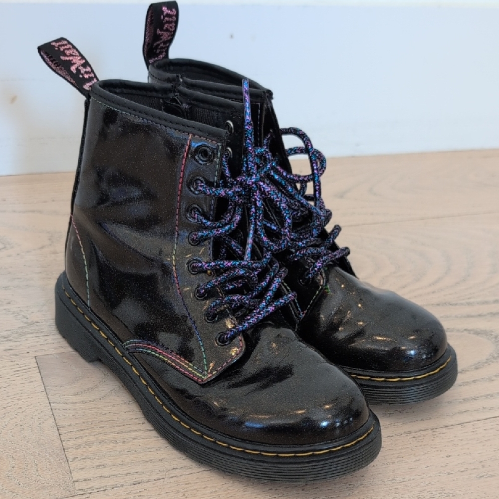 Dr. Martens Shiny Black Kids Boots with Colorful Laces